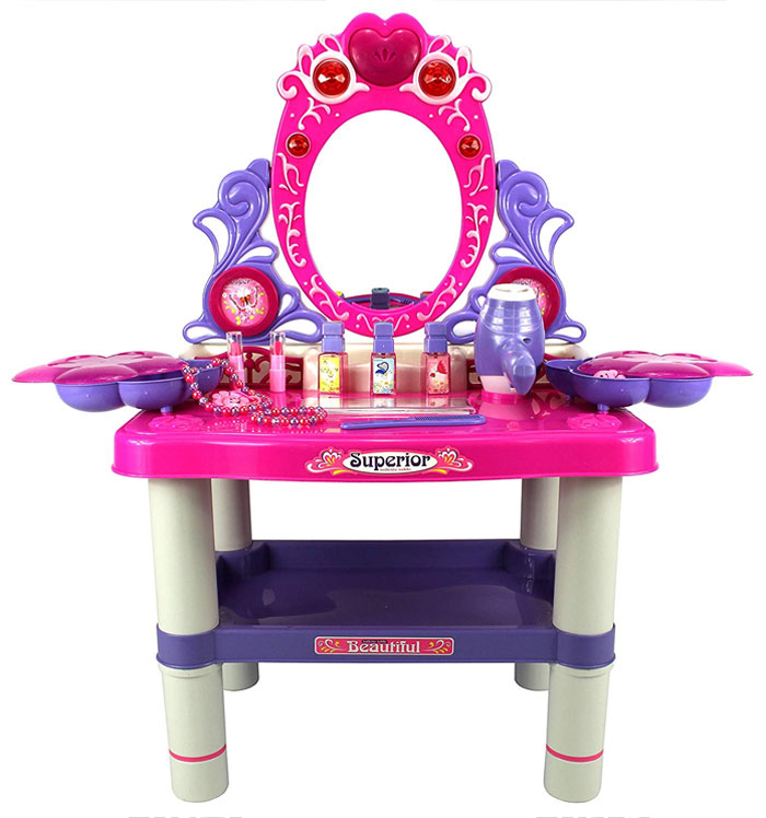Battery Operated Beauty Queen Dresser Pretend Play Toy Beauty Mirror Vanity Play Set With Flashing Lights,Music Accessories 73008