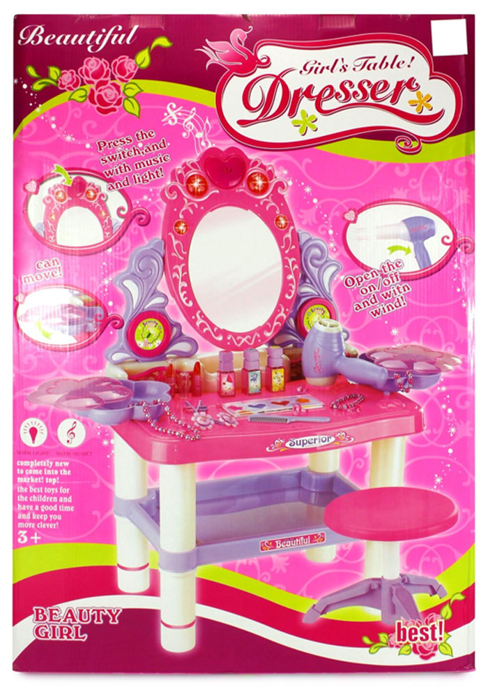 Battery Operated Beauty Queen Dresser Pretend Play Toy Beauty Mirror Vanity Play Set With Flashing Lights,Music Accessories 73008