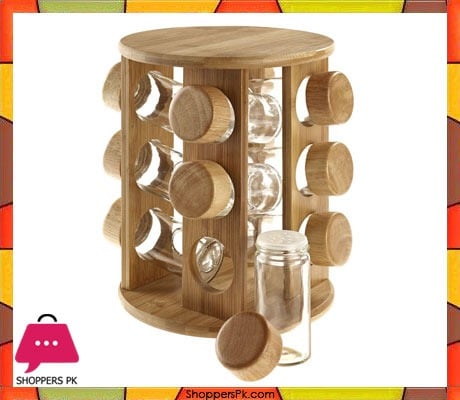 Revolving Rubber Wood Spice Rack 12 Pcs, Spinning Wooden Spice Rack