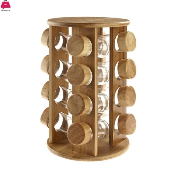 Revolving Rubber Wood Spice Rack 16 Pcs