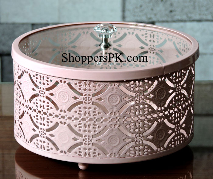 Metal Lace Candy Box Glass Cover Round