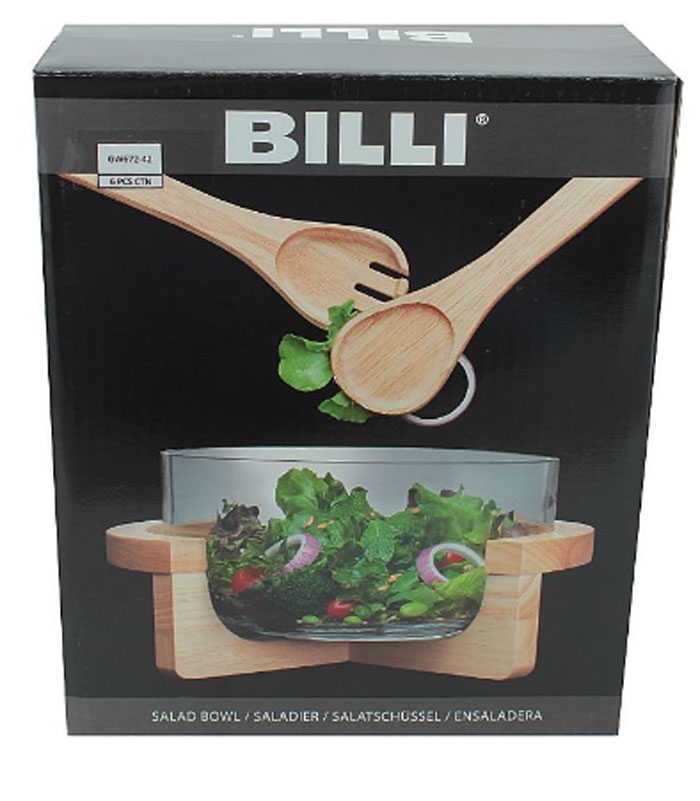 Billi Wooden Salad Bowl With Wooden Tongs