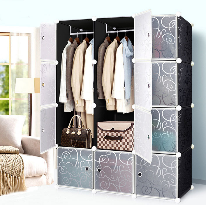 Intelligent Plastic Portable 12 Cube Cabinet With 2 Hanging - Black