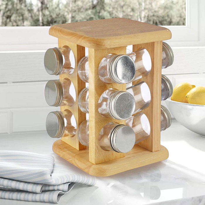 Billi 12 Pieces Spice Bottle With Aluminum Lid Rotating Wooden Stand Thailand Made - Gw008-12