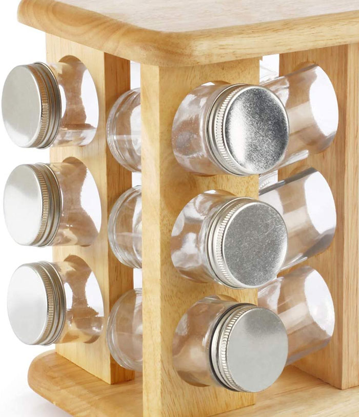 Billi 12 Pieces Spice Bottle With Aluminum Lid Rotating Wooden Stand Thailand Made - Gw008-12