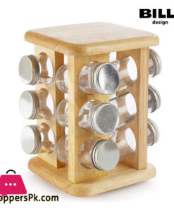 Billi 12 Pieces Spice Bottle with Aluminum Lid Rotating Wooden Stand Thailand Made - GW008-12