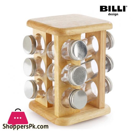 Billi 12 Pieces Spice Bottle with Aluminum Lid Rotating Wooden Stand Thailand Made - GW008-12