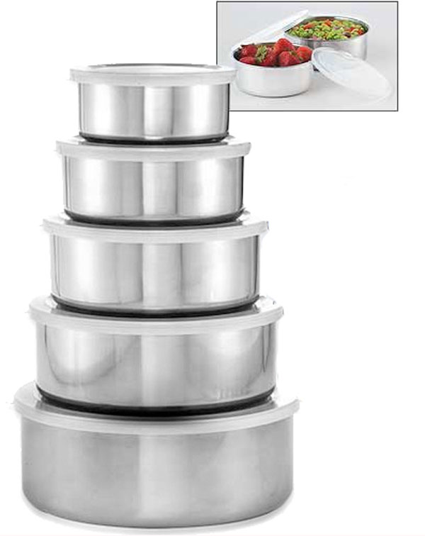 Stainless Steel Storage Bowl Set With Clear Plastic Lids
