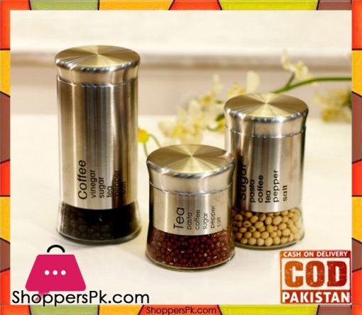 Elegant Tea, Coffee and Sugar Glass Storage Canister Set Stainless Steel