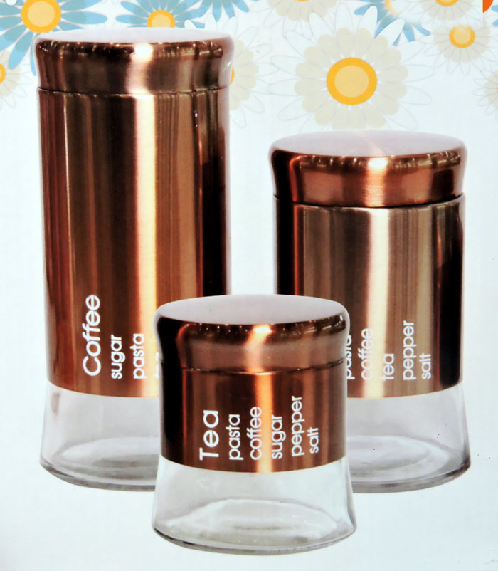 Elegant Tea, Coffee And Sugar Glass Storage Canister Set Stainless Steel