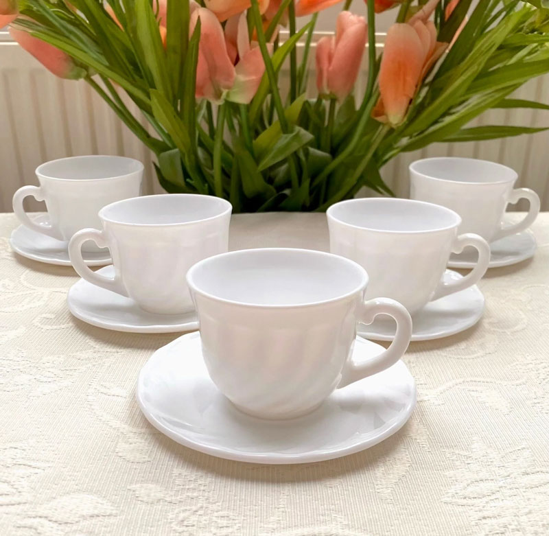 Opal Glass Marble Cup And Saucer Set 4 Opal Glass Marble Cup And Saucer Set