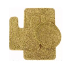 3 Pc GOLD Bathroom Set Bath Mat RUG, Contour, and Toilet Lid Cover, with Rubber Backing