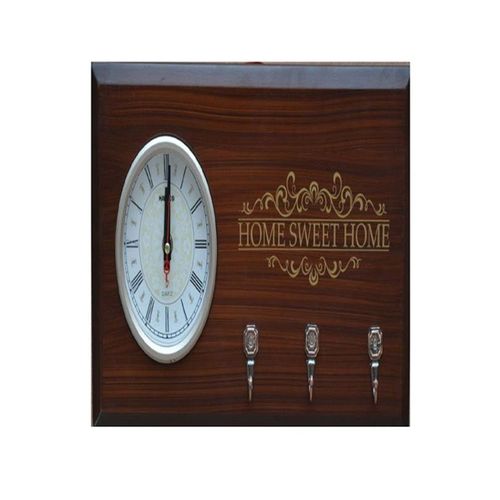 WALL CLOCK with 3 key hangers and wooden storage draw for documents brown by Hartco