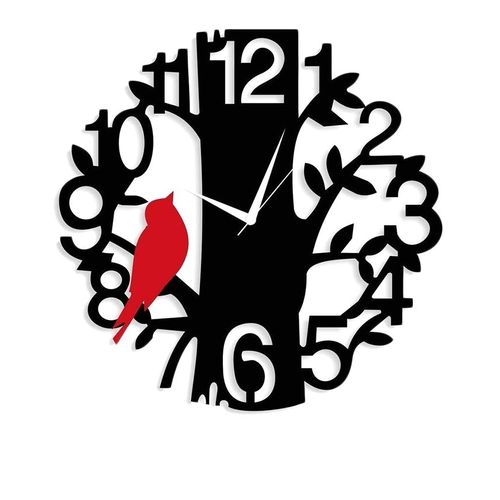 Sparrow On Tree Wall Clock - Black & Red