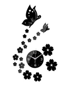 Butterfly & Flower Design Wall Clock - Black