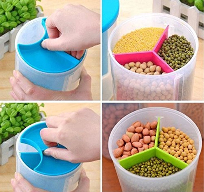 3 Sections Airtight Jar For Cereals Snacks Pulses 2.2 Liter