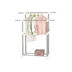 Double Clothing Rod Telescopic Clothes Hanger Rack - White