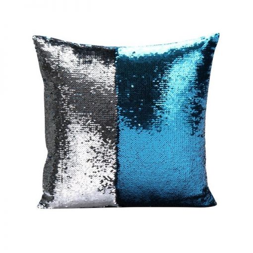 Lake Blue And Silver Reversible Sequin Mermaid Pillow With Velvet Back