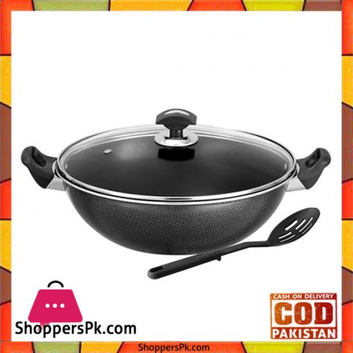 Sonex Non-Stick Flat Cooking Wok With Glass Lid - 36cm - Black