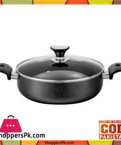 Sonex Non-Stick Flat Cooking Wok With Glass Lid - 36cm - Black