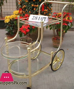 Tea Trolley Gold Plated with Two Big Wheel