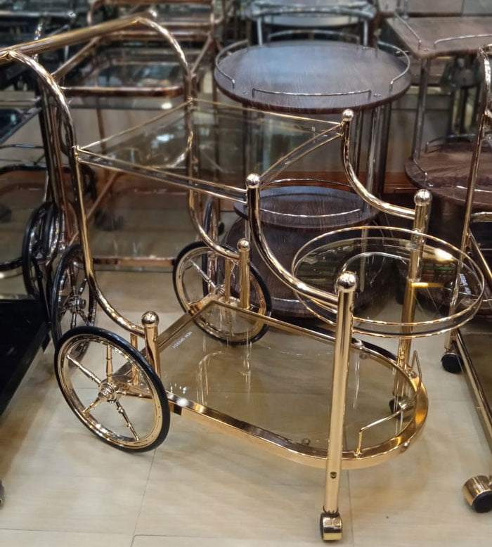 Tea Trolley Gold Plated With Two Big Wheel
