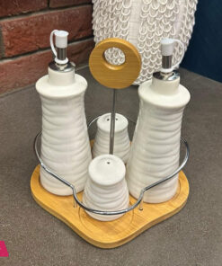 4 Pcs Ceramic Condiment Set Oil / Vinegar / Salt / Pepper With Bamboo Rack
