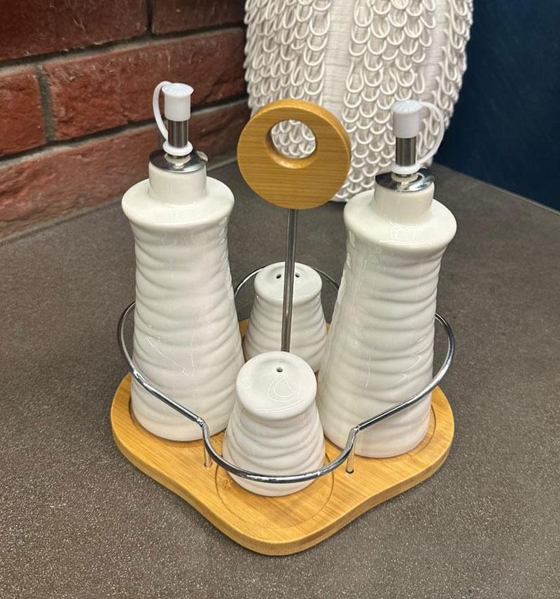 4 Pcs Ceramic Condiment Set Oil / Vinegar / Salt / Pepper With Bamboo Rack