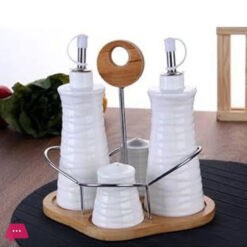 4 Pcs Ceramic Condiment Set Oil / Vinegar / Salt / Pepper With Bamboo Rack