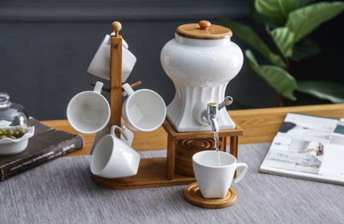 Creative Nordic Shape Wooden Holder Cup Hanging Ceramic Coffee Tea Set Restaurant Home Coffee Cup