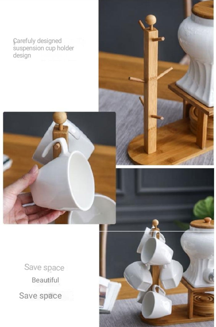 Creative Nordic Shape Wooden Holder Cup Hanging Ceramic Coffee Tea Set Restaurant Home Coffee Cup