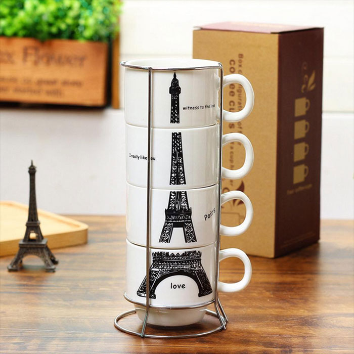 Eiffel Tower Ceramic Mugs Set With Holder