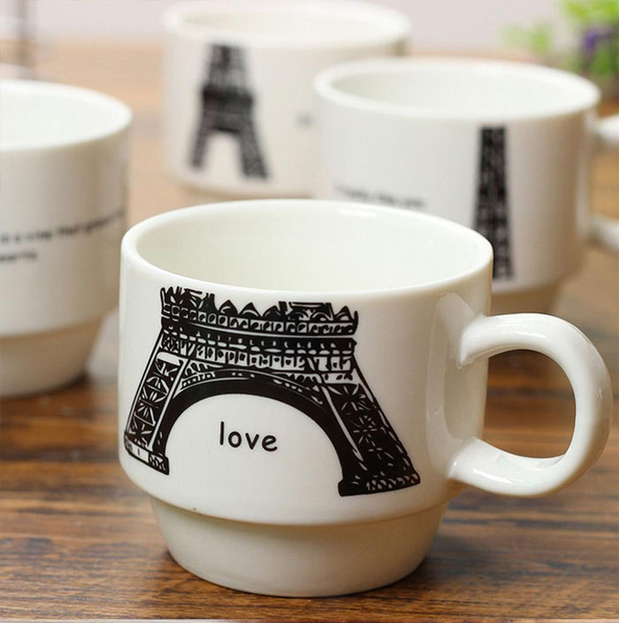 Eiffel Tower Ceramic Mugs Set with Holder