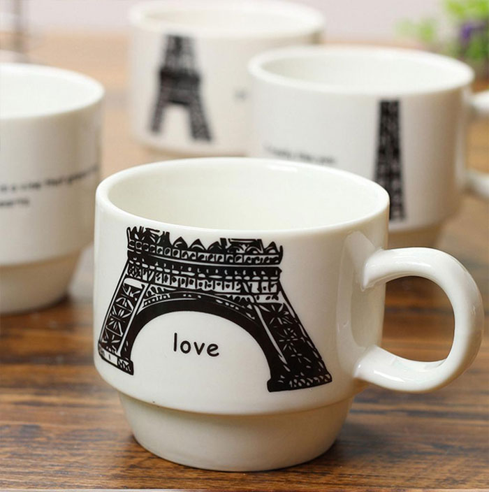 Eiffel Tower Ceramic Mugs Set With Holder