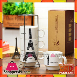 Eiffel Tower Ceramic Mugs Set with Holder