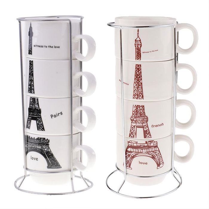 Eiffel Tower Ceramic Mugs Set with Holder