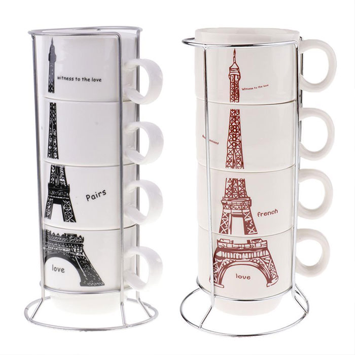 Eiffel Tower Ceramic Mugs Set With Holder
