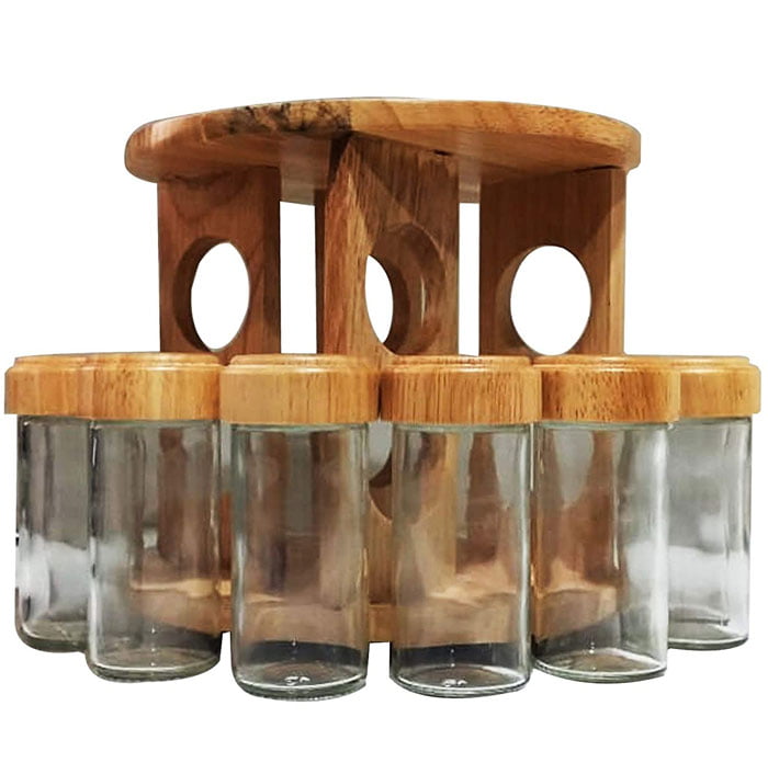 Rubber wood Revolving Glass Spice Rack 8 Piece Condiment Set