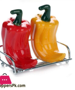 Chili Style Porcelain Salt & Pepper Shaker Pots Cruets with Metal Rack -Set of 2