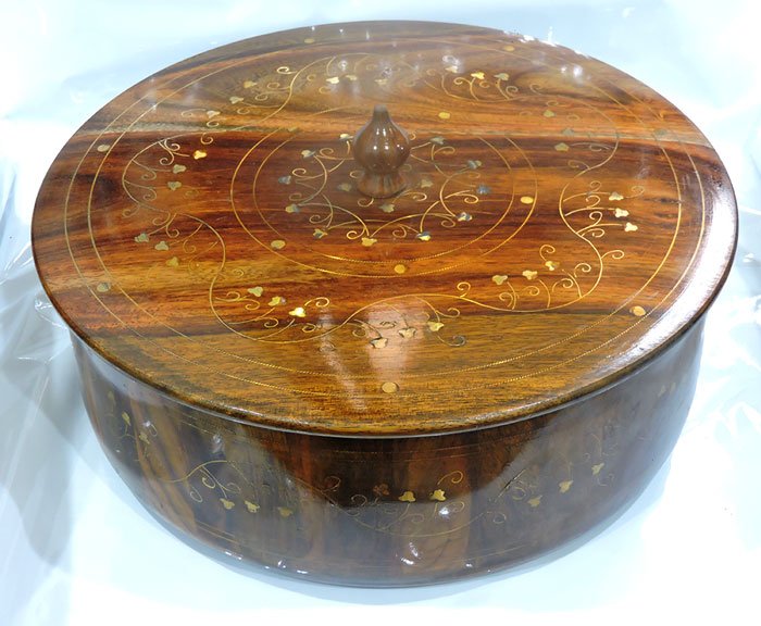 Wooden Brass Work Hot Pot Roti Box 12 Inch