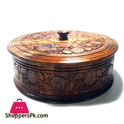 Wooden Carved Hot Pot Roti Box 10 inch