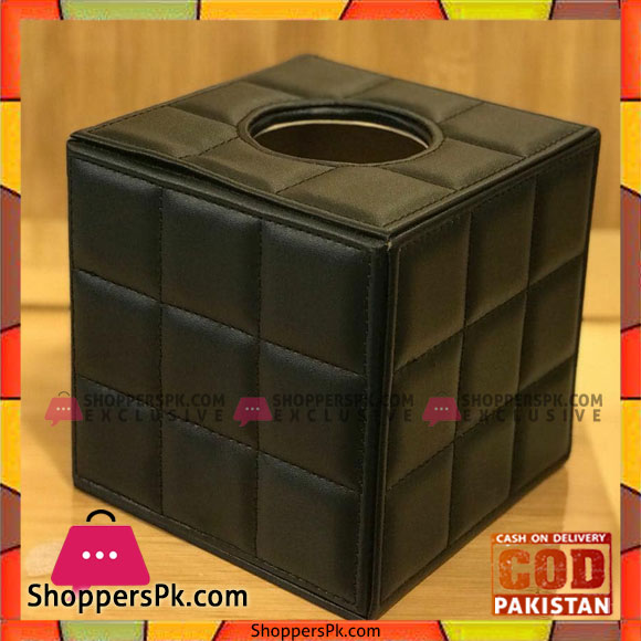 Square Tissue Box Covers Tissue Box Cube Tissue Holder Faux Leather For Home And Office - Black