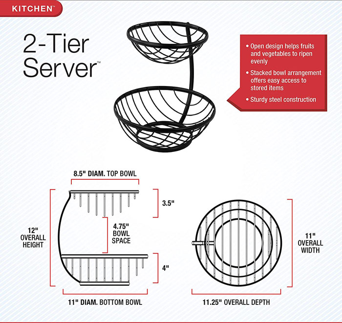  2-Tier Server Fruit Basket Bowls Black