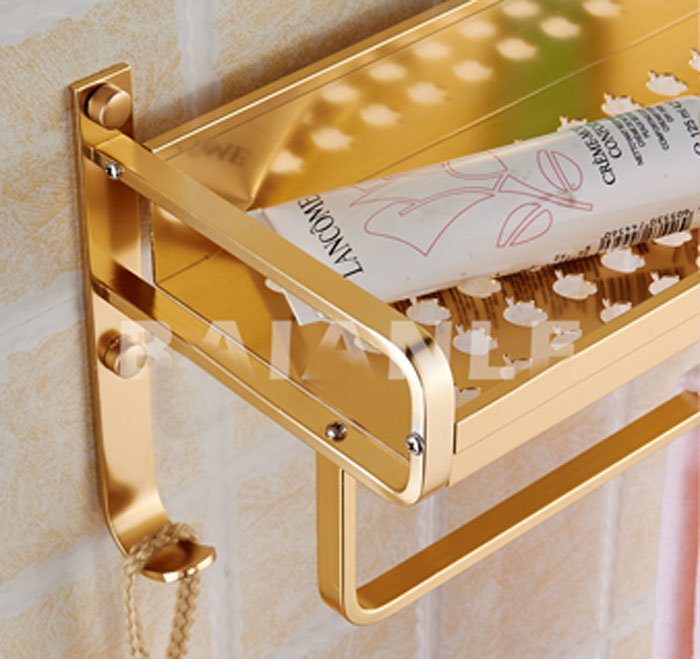 Baianle Gold Aluminum Modern Wall Mount Bathroom Accessories Shower Shelf Towel Rack Holder