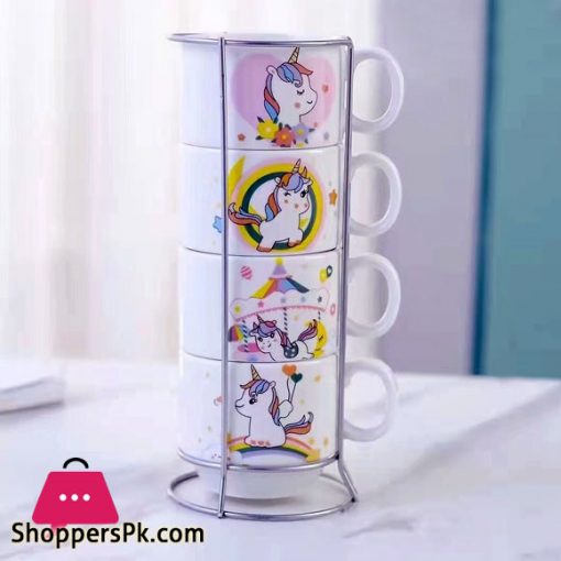 Coffee Cup Set Unicorn Drinking Cups with Rack - 4 Pcs