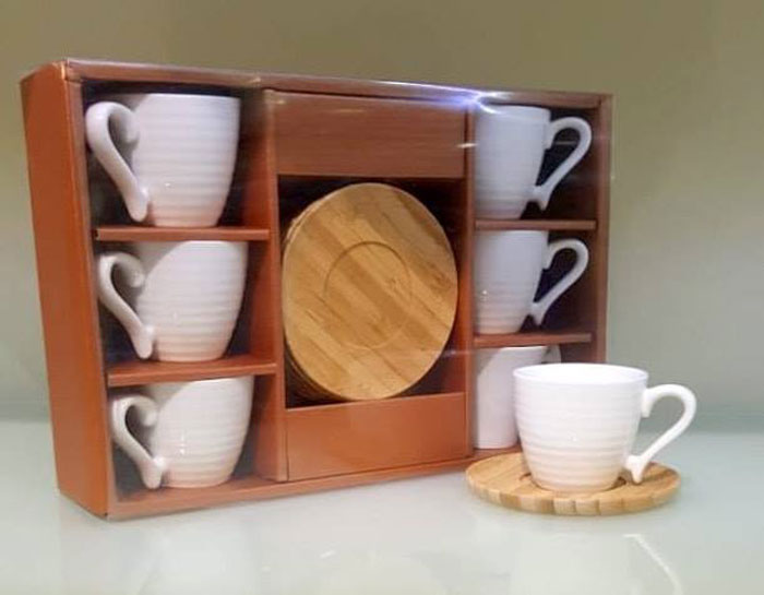 Bamboo Wood Saucers & Cups 12 Pcs Set