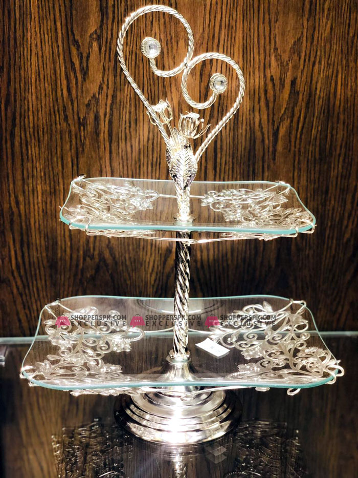 Deluxe Silverware Glass Cake Stand 2 Tier