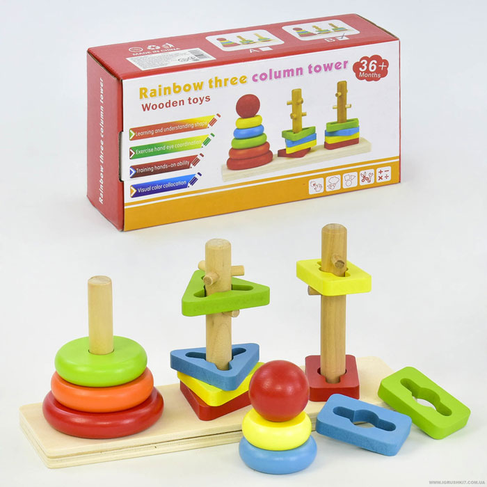 Rainbow Three Column Stacking Sorting Tower Wooden Toy Educational And Therapeutic Toy For Kids
