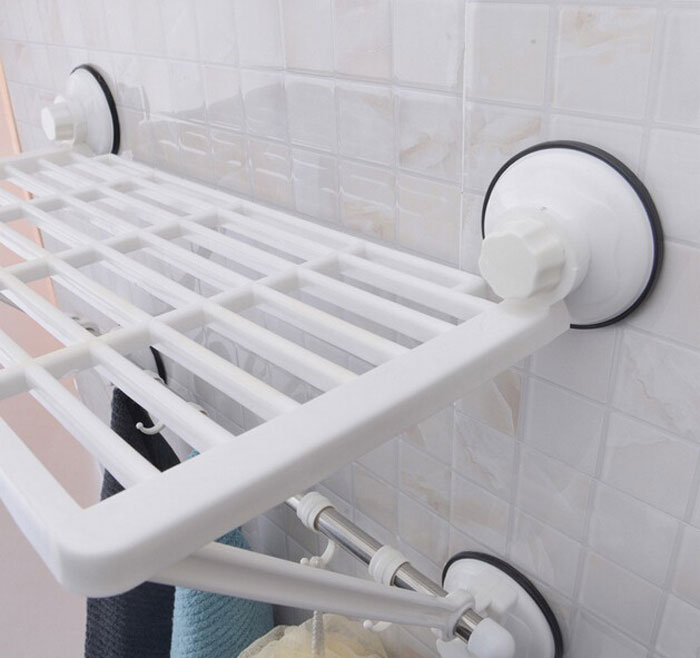 Wall Mounted Strong Bathroom Towel Shelf Stainless Steel With 6 Hooks