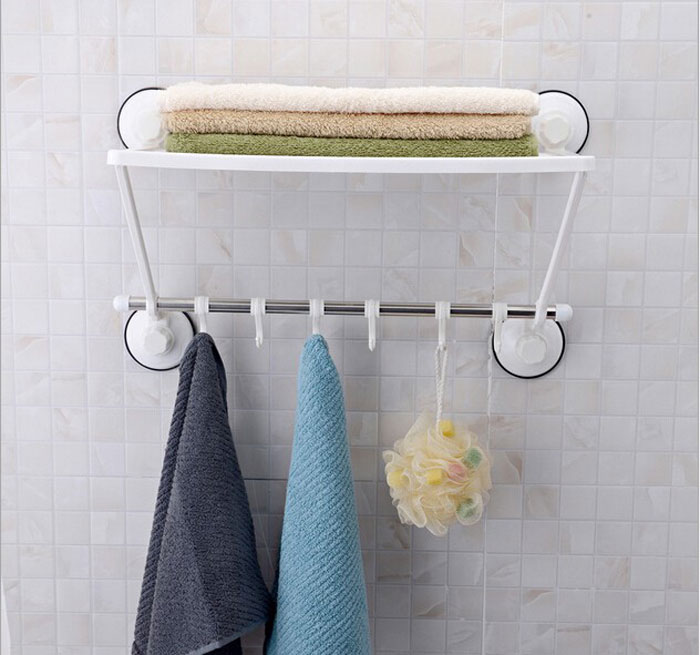 Wall Mounted Strong Bathroom Towel Shelf Stainless Steel With 6 Hooks